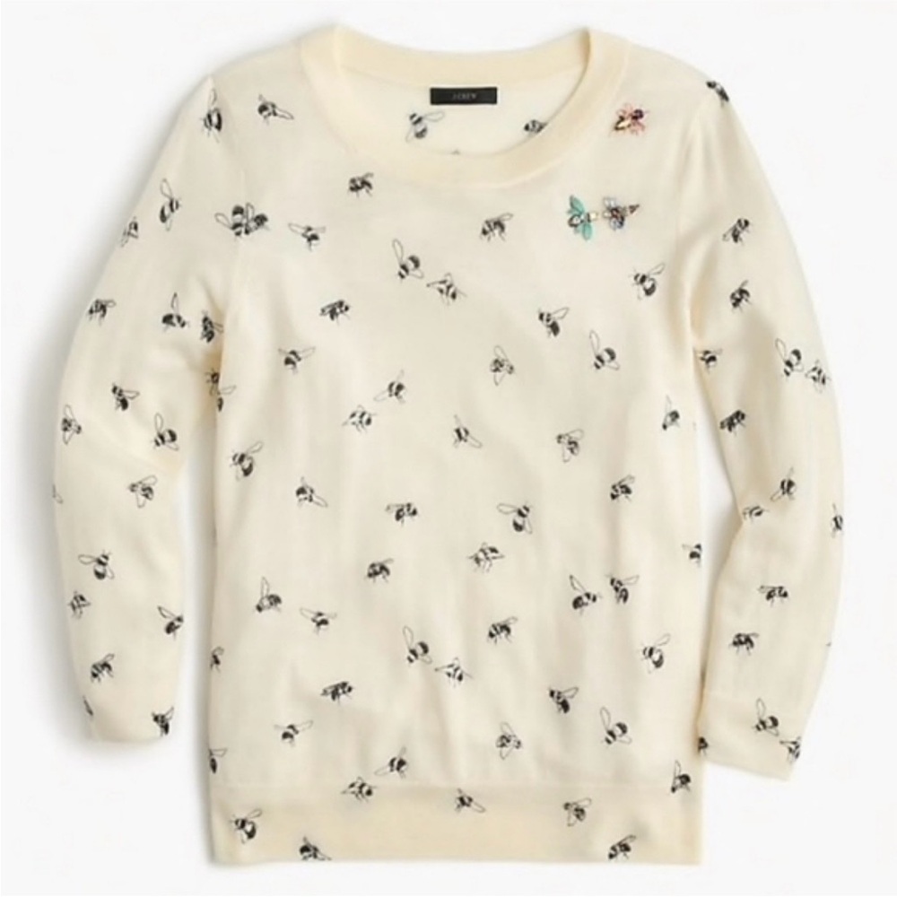 J. Crew Cream Bee-Print Crewneck Sweater with Tiny Motifs